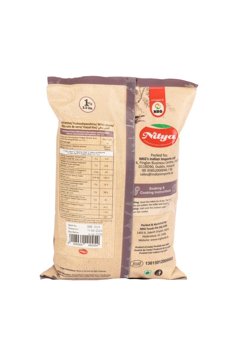 Back view of Nitya Foods Foxtail Millets pack – nutritious and healthy millet for daily meals