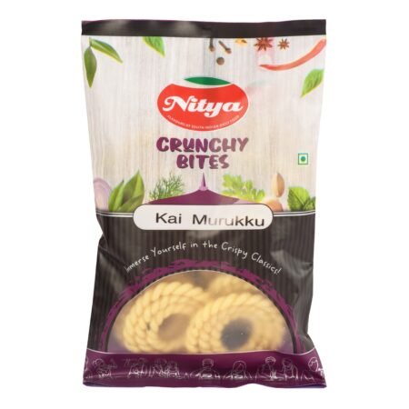 Front view of Nitya Foods Kai Murukku – crispy, handmade South Indian snack in a classic spiral shape