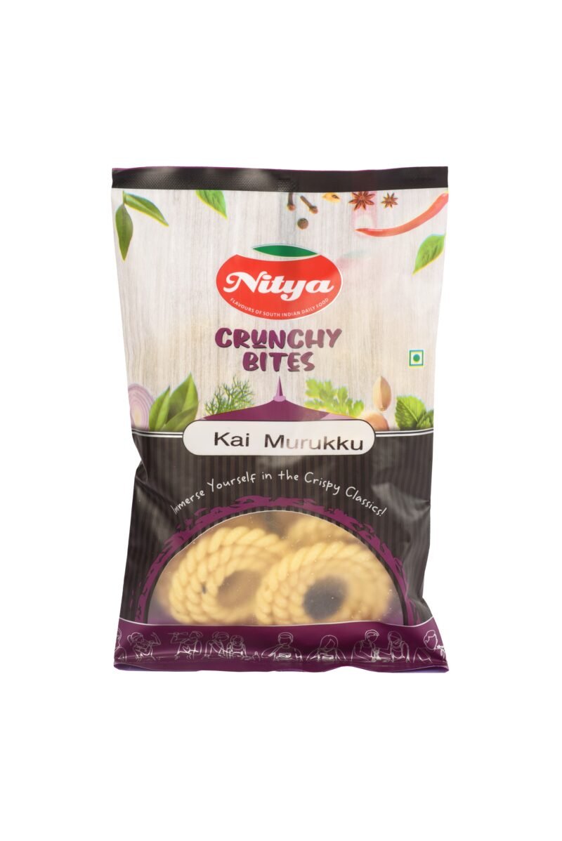Front view of Nitya Foods Kai Murukku – crispy, handmade South Indian snack in a classic spiral shape