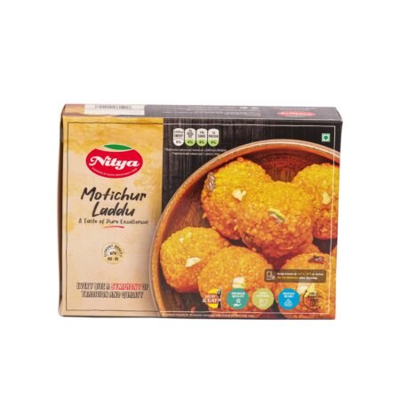 Front view of Nitya Foods Motichur Laddu – delicious, golden, and perfectly textured Indian sweet.