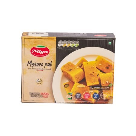 Front view of Nitya Foods Mysore Pak – Delicious, authentic Indian sweet with rich ghee flavor.